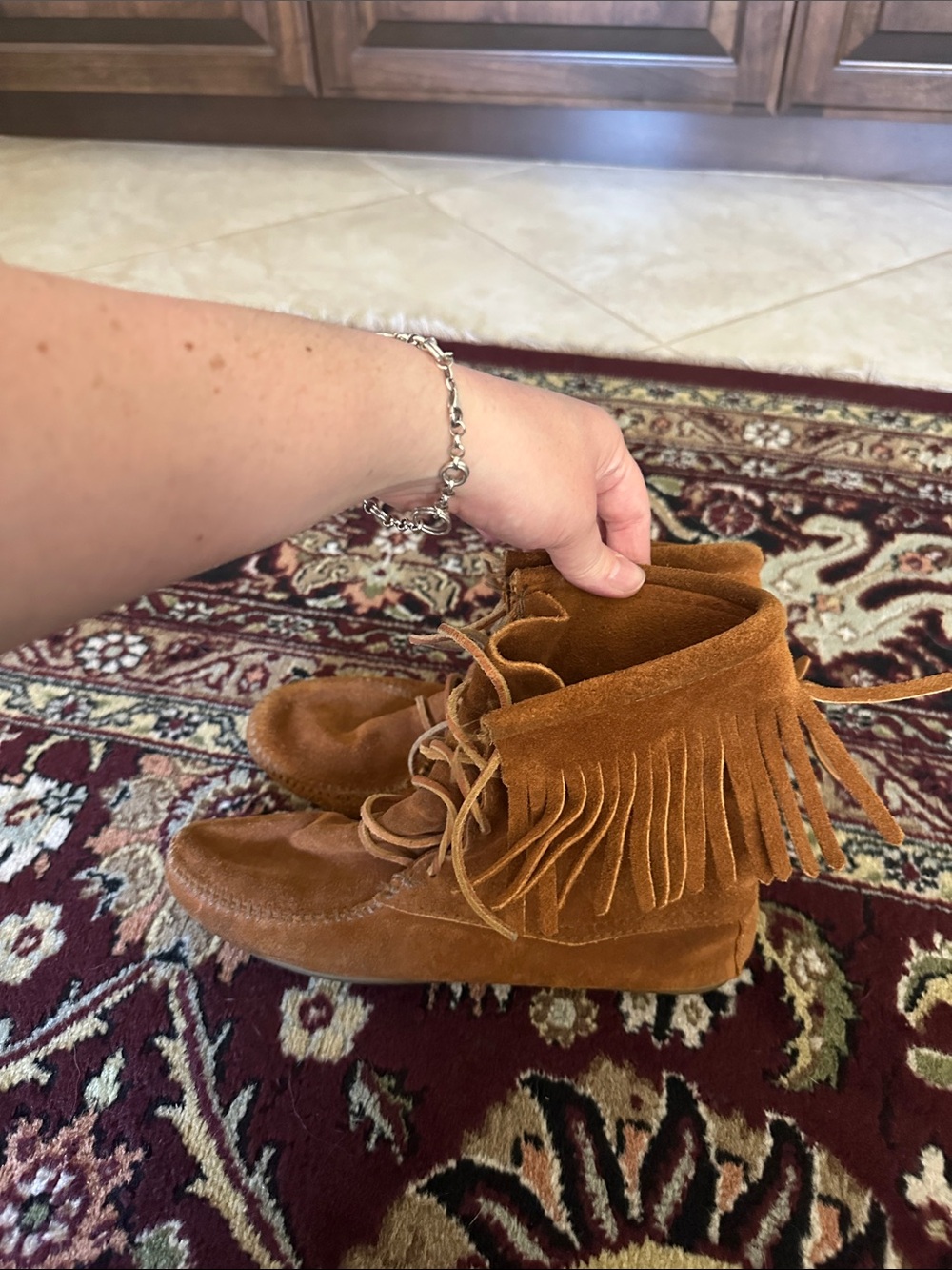 Minnetonka Fringe Suede Moccasin Boots - Rust Brown 7